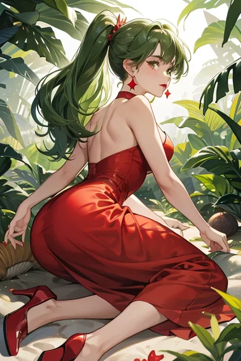 She is an olive green  with a jungle green dorsal fin and red lips. She also wears a bright red dress, shell earrings, and shoes.  SPARKLE; GLITTER