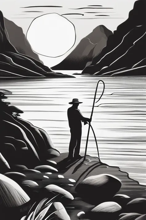 A old man in center of image, fishing rod in hand, large mordern boat, river between mountains, small and large rocks, waterfall in background, only outline used, outline, ((white background)) black and white, datails of frame, day shunshine, sun between c...