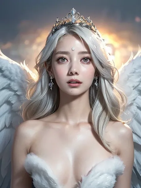 (watercolor:1.1),(Incredible detail, Texture and maximum detail), Doll-like girl with angel wings, Archangel, Angel Ring, Elven ears with many earrings, Look forward, nearly naked, Thin body, skinny, small胸, small , Princess Crown, Dragon Horn, Look up at ...