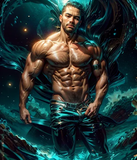 obra de arte, melhor qualidade, high resolution, retrato em close, macho focus, foco apenas, muscular, corpulento, peludo, macho, um homem, em um mar, with half the body submerged in water, behind a starry sky with a moon in the center, amazing composition...