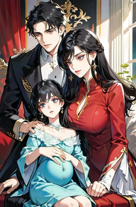 family, royal, elegant, good looking, kids, detailed, 4k, mom and dad, detailed eyes, pretty hair, handsome man, gorgeous woman, fine mom, hot dad, hot parents, mom with black hair, mom pregnant, man looking at woman with love, man hugging woman