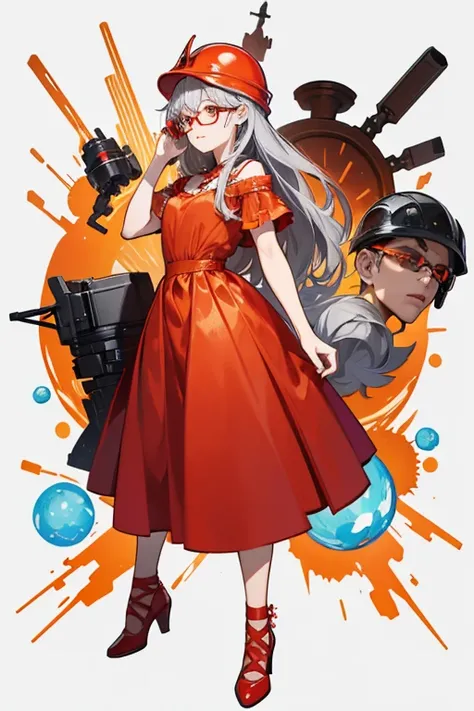 She has gray hair that sprouts from both sides of her head. She wears an orangish red dress with rifled ends and red shoes. She wears glasses and a blue helmet. SPARKLE; GLITTER