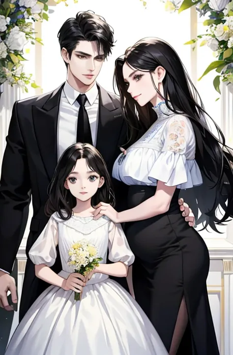 family, royal, elegant, good looking, kids, detailed, 4k, mom and dad, detailed eyes, pretty hair, handsome man, gorgeous woman, fine mom, hot dad, hot parents, mom with black hair, mom pregnant, man looking at woman with love, man hugging woman