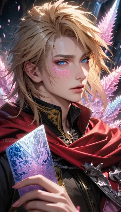 absurdres, highres, ultra detailed, HDR, masterpiece, extremely detailed face and eyes, realistic face, Ace, blond hair, expressive blue eyes, Final Fantasy Type 0, solo, sexy man, handsome, black clothes, red cape, holding a card, patterns, pink ice trees...