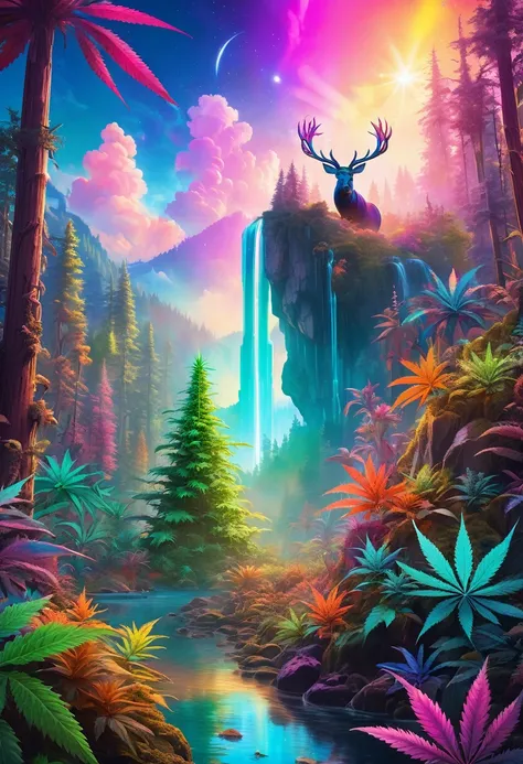 An enchanted mystical cannabis forest, con hojas de cannabis luminosas, multicolored neon cannabis, agua cristalina que brota de una cascada, Hermosos cannabis, (((Single vision with extremely extravagant multi colors))), in the background of the scene a m...