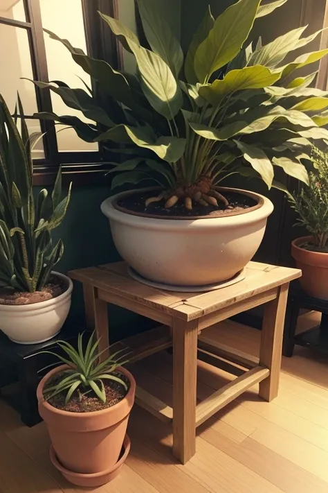 Is there a plant that is in a pot on the floor, a photo of Virginia Lee Burton, reddit, letters, large plant pot, plant pot, willow plant, potted plants, green plant, plant pot, lush plants and bonsai trees, next to a plant, pots with plants, tree and plan...