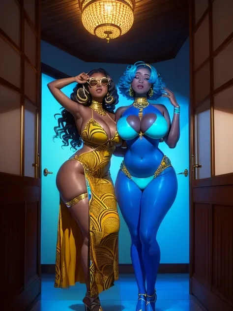 Two thick and voluptuous African women in bikinis posing for a photo in a room, mezcla africanas, posando juntos en sujetador, yoshitomo nara and aya takano, inspirado en Wang Duo, sakimichan hdri, two african girls, beautiful science fiction twins, con un...