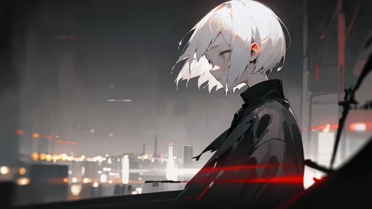 (masterpiece、highest quality)、Short nape hair、1 girl with very short white hair、Black cardigan、Grim expression、Grey Eyes、Warm lighting、 Blurred foreground、Deep in the night、High Contrast、night、In the city,it&#39;s snowing,Heavy snowfall,winter,Alone in the...