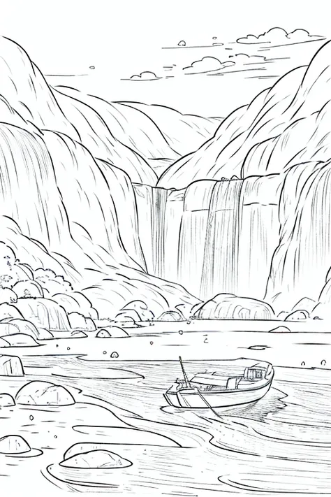 A old man in center of image, fishing rod in hand, large modern boat, river between mountains, small and large rocks, waterfall in background, (only outline used), outline, ((white background)), details of frame, sun between clouds, no color (coloring page...