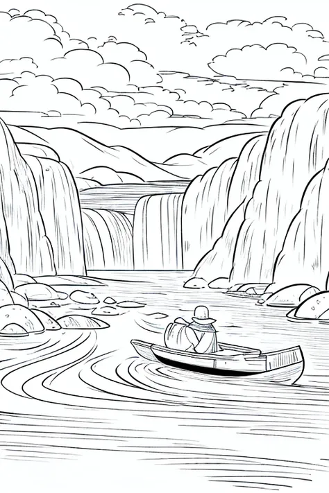 A old man in center of image, fishing rod in hand, large modern boat, river between mountains, small and large rocks, waterfall in background, (only outline used), outline, ((white background)), details of frame, sun between clouds, no color (coloring page...