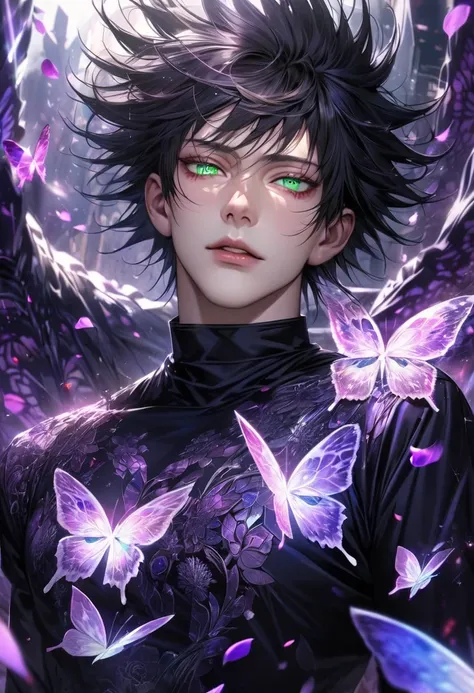 Ultra detailed, Highres, absurdres, HDR, master piece, Fushiguro Megumi, black hair, expressive green eyes, Jujutsu Kaisen, black long coat with patterns, purple ice flowers, petals, extremely handsome, sexy man, solo, extremely detailed eyes and face, pur...