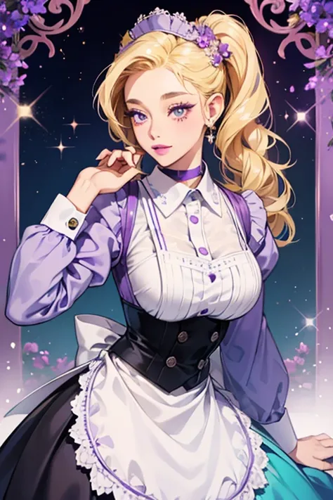 She is a lavender  with a blonde beehive, purple lips, and darker lavender eyelids who wears a cyan waitress’s uniform with a darker cyan collar and ends on the sleeves.  SPARKLE; GLITTER