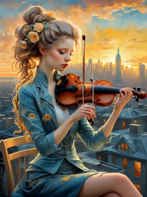 a soulful musician playing the violin on a rooftop at dusk, sheet music, musical notes, reflective, city skyline, dramatic sunse...