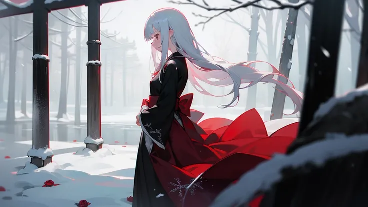 Deep Darkness、Bloodbath、、Forgotten memories、The end of silence、Endless sadness、Withered roses、Lead and crimson despair、Japan Dresses、Best image quality、Crimson Rose,Shortcuts,White Hair,Gray Hair,snow,吹snow,winter,Shortcuts,Princess Kaguya