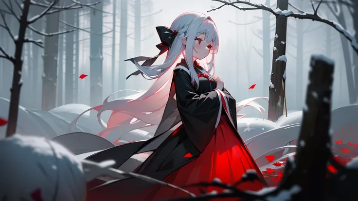 Deep Darkness、Bloodbath、、Forgotten memories、The end of silence、Endless sadness、Withered roses、Lead and crimson despair、Japan Dresses、Best image quality、Crimson Rose,Shortcuts,White Hair,Gray Hair,snow,吹snow,winter,Shortcuts,Princess Kaguya