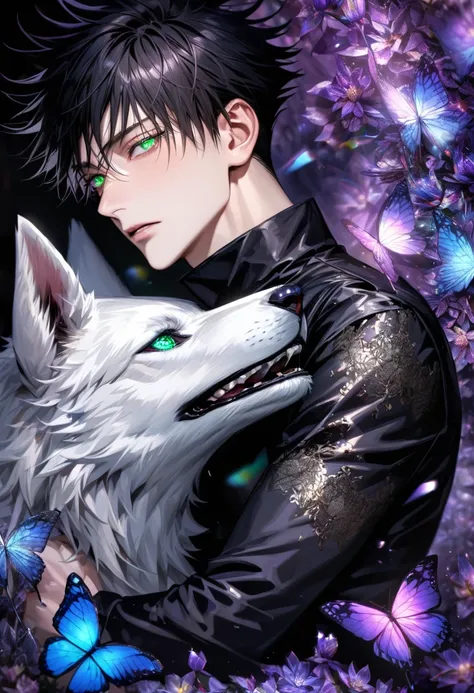 Ultra detailed, Highres, absurdres, HDR, master piece, Fushiguro Megumi, black hair, expressive green eyes, Jujutsu Kaisen, black long coat with patterns, purple ice flowers, petals, extremely handsome, sexy man, extremely detailed eyes and face, purple ic...