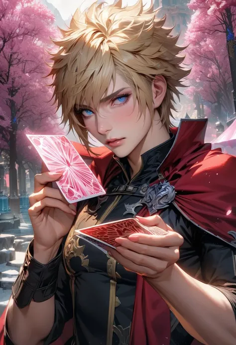 absurdres, highres, ultra detailed, HDR, masterpiece, extremely detailed face and eyes, realistic face, Ace, blond short hair, with bangs, expressive blue eyes, Final Fantasy Type 0 Awakening, solo, sexy man, handsome, black clothes, red cape, holding a ca...