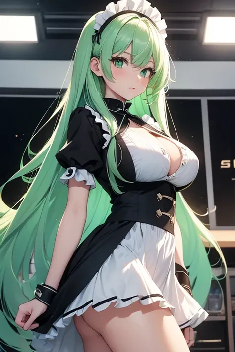 (girl1), (anime), white, with long green hair, green eyes, (pretty), (hot), 18 year old woman, looking in front of the viewers camera, wearing a classic black and white maid dress with skirt the short dress is 20cm long, ((facing the viewers screen)), and ...