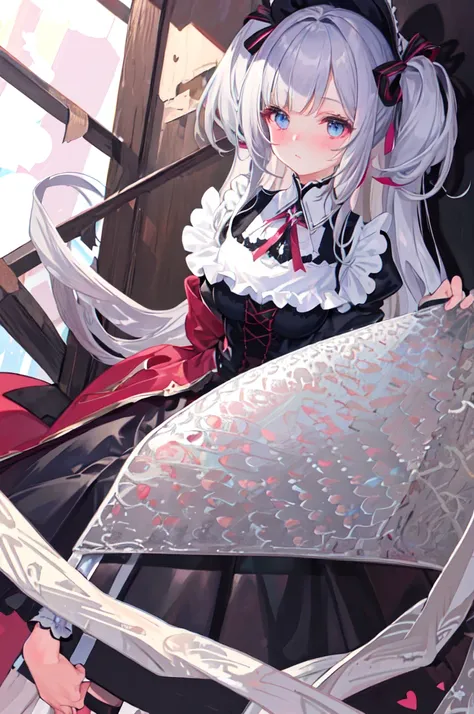 (((Masterpiece))), top quality, super detailed, blush, cute and playful, goth  clothes, ribbons, cheerful, silver hair, fluffy hairstyle, huge, heart-blowing eyes, sweet look.