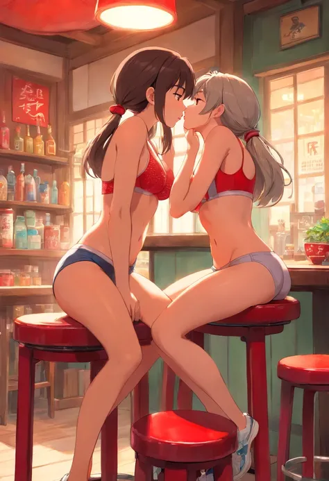 a couple of women sitting on top of a red stool, tumblr, sport bra and shorts, a hyperrealistic , lesbian kiss, sitting at table
