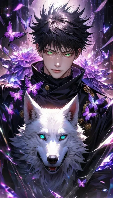 Ultra detailed, Highres, absurdres, HDR, master piece, Fushiguro Megumi, black hair, expressive green eyes, Jujutsu Kaisen, black long coat with patterns, purple ice flowers, petals, extremely handsome, sexy man, extremely detailed eyes and face, purple ic...