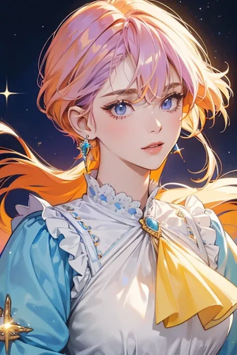 She is a light purple  with light blue eyelids who wears an orange wig, light blue earrings, and a light yellow shirt with a white ruffle. SPARKLE; GLITTER