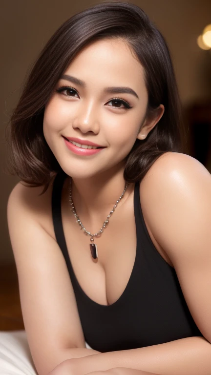 (8k, RAW Photos, Best Quality, Highest Resolution: 1.1), (Ultra Realistic: 1.4), (Realistic, Photorealistic: 1.3), young girl, (Malay  look), (wearing low cut short cami), lying legs on bed, (dimples cheek), Realistic Face, Realistic Body, Realistic Skin, ...