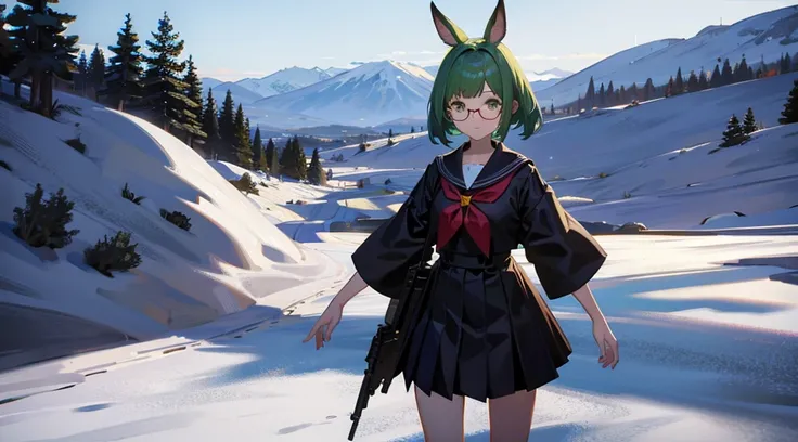 neat figure, {{{3 girl}}}, teenage girl, very short hair, Air bangs, deep green hair, extremely beautiful detailed anime face and eyes, ^ ^, highly detailed skin, rabbit ears, Round rabbit tail, Black glasses without a frame on top, gun, sailor dress, Long...