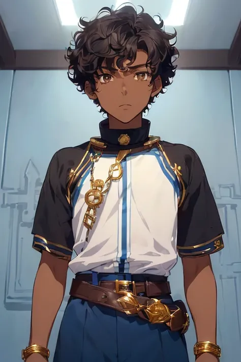 ((Boy1),(anime),(16 year old teenager),(tall height 1.78 straight),((Dark brown skin)),((short curly black hair)),((brown eyes)),((wearing an outfit consisting of a blue and white platform, a type of collar or breastplate that surrounds Her neck and her ch...