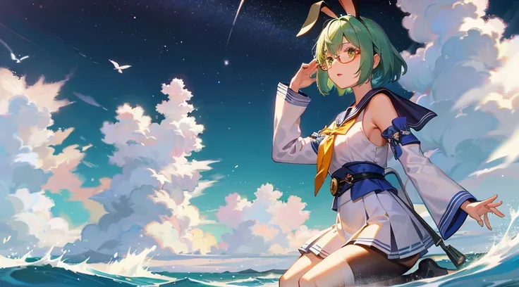 neat figure, (((3 girl))), teenage girl, very short hair, Air bangs, deep green hair, extremely beautiful detailed anime face and eyes, ^ ^, highly detailed skin, rabbit ears, Round rabbit tail, Black glasses without a frame on top, gun, sailor dress, Long...