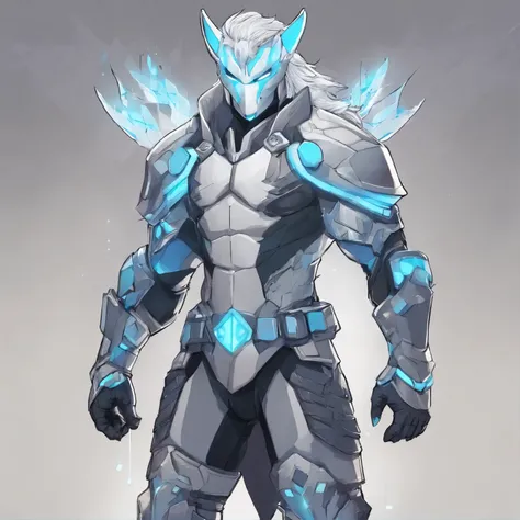 a muscular werewolf with a short gruffy beard and long flowing white hair, has white wolf ears and isnt wearing a shirt, wearing high tech sci fi armor, wearing fingerless tech gauntlets, has eyepatch, solo, alone, (SOLO)(ALONE) 1 male, has glowing blue ey...