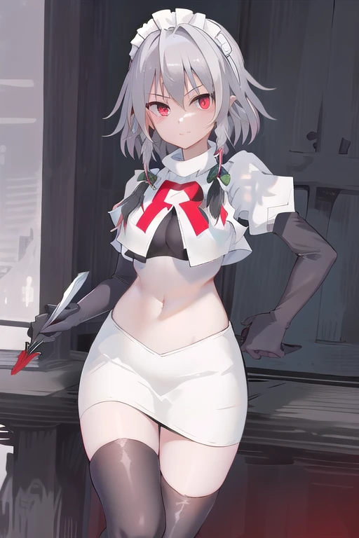 masterpiece, best quality, highres,  1girl, solo, sakuya1, izayoi sakuya, maid headdress, red eyes, grey hair, medium breasts, team rocket,team rocket uniform,white skirt,red letter R,crop top,black thigh-highs,black elbow gloves, holding knife