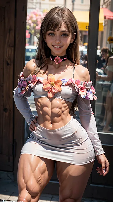 (Muscular:1.9), (thick thighs:1.8), 
woman, blunt bangs, long hair, (big smile:1.8), (small breasts),
eyeshadow, lipstick, (choker, off the shoulder dress, flower pattern. midriff:1.5),
looking at viewer, (three quarter view), (upper body view),
rim lighti...