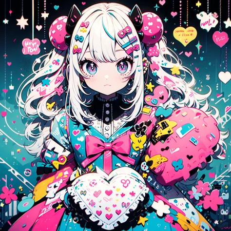 masterpiece, best quality, ultra detailed, beautiful shading, cinematic ligthing, studio lights, cute, kawaii, big eyes, flower pattern on pupil, shaped pupil , cute polka dot pattern on bows, plaid, light pink colored hair，Powder-blue pupils，Wear pink and...