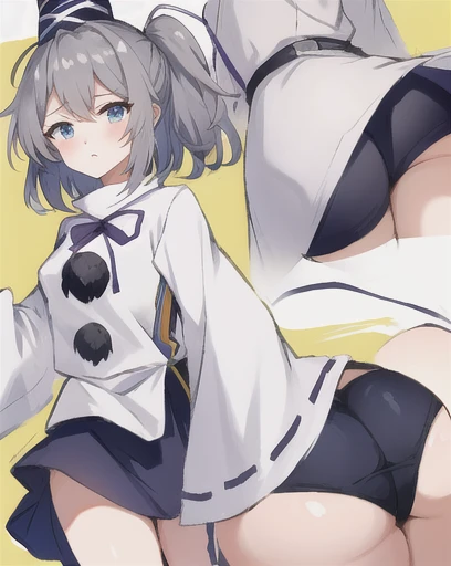 mononobe no futo, One Woman, Long sleeve, Sleeves edged with ribbon, Gray Hair, blue eyes, Proud face,
Underbust,  Medium Chest, Butt,Thighs,Plump，milk,Underarm,Underbust，vapor，High Leg,Jump,Low Angle，Please spread it with your hands,Embarrassed face,look ...