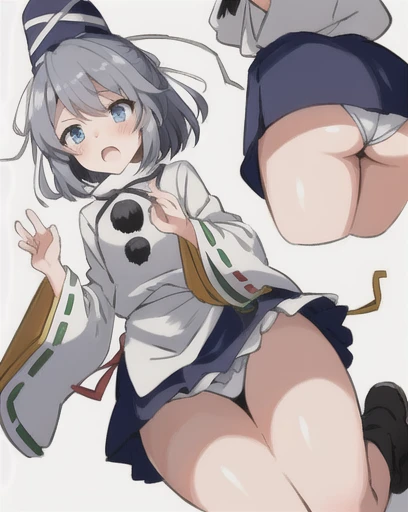 mononobe no futo, One Woman, Long sleeve, Sleeves edged with ribbon, Gray Hair, blue eyes, Proud face,
Underbust,  Medium Chest, Butt,Thighs,Plump，milk,Underarm,Underbust，vapor，High Leg,Jump,Low Angle，Please spread it with your hands,Embarrassed face,look ...