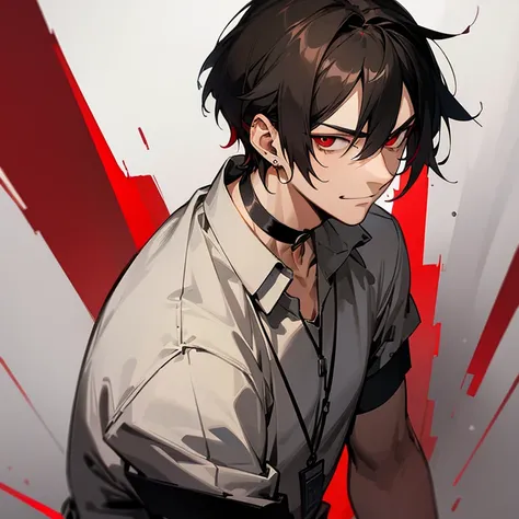 BNA anime art style; dark-haired man; Red eyes; choker with a DogTag; slight smirk at the corner of the mouth; silver earring in left ear