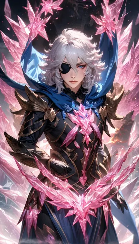 absurdres, highres, ultra detailed, HDR, masterpiece, extremely detailed face and eyes, realistic face, Niles, white hair, expressive dark blue eyes, Fire Emblem Fates, black eye patch on his left eye, solo, man, handsome, blue cape, black clothes, black g...