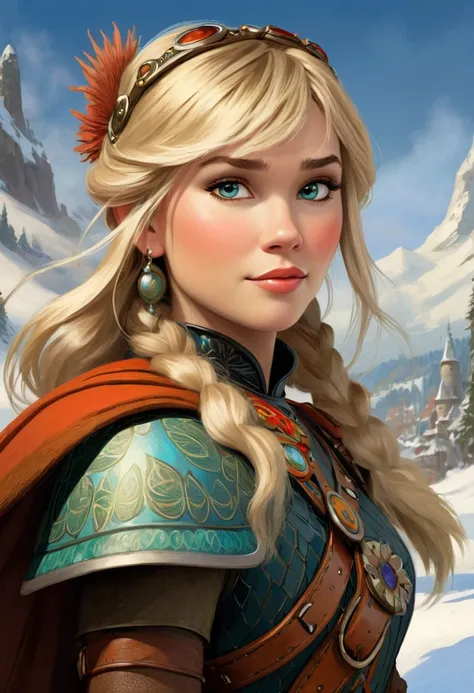 Astrid Hofferson From How To Train Your Dragon, Portrayed By Scarlett Johanson. Resembling The Beauty Of Alphonse Muchas Artwork And Impressionist Paintings By Artists Like Konstantin Razumov And Pierre-Auguste Renoir. The Portrait Is Detailed And Textured...