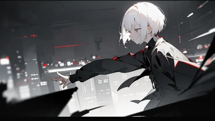 (masterpiece、highest quality)、Short nape hair、1 girl with very short white hair、Black cardigan、Grim expression、Grey Eyes、Warm lighting、 Blurred foreground、Deep in the night、High Contrast、night、In the city,it&#39;s snowing,Heavy snowfall,winter,Alone in the...