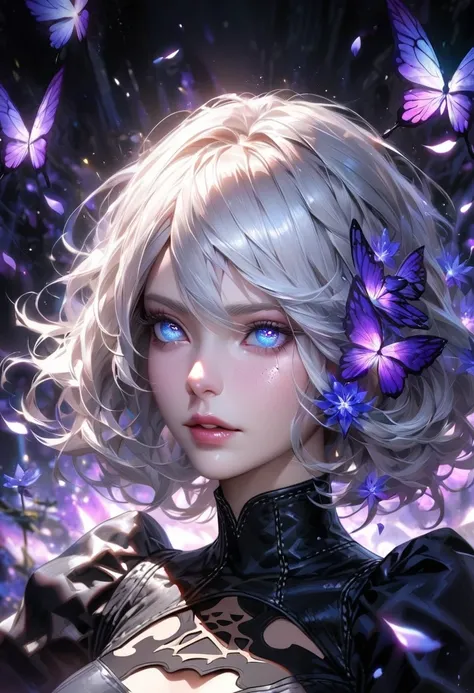 Ultra detailed, Highres, absurdres, HDR, master piece, 2B, white hair, expressive blue eyes, white eyelashes, Nier Automata, black dress with patterns, purple ice flowers, petals, extremely beautiful, woman, solo, extremely detailed eyes and face, purple i...