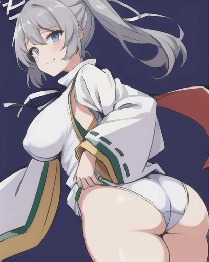 mononobe no futo, One Woman, Long sleeve, Sleeves edged with ribbon, Gray Hair, blue eyes, Proud face,
Underbust,  Large Breasts,Butt,Thighs,Plump，milk,Underarm，vapor，Jump,Low Angle，Please spread it with your hands,No underwear，Having your breasts touched