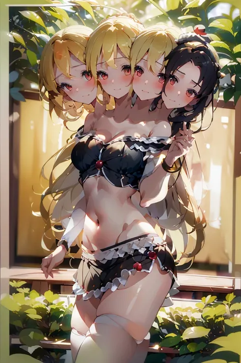 (masterpiece, best quality), best quality, (ultra-detailed), (3heads:1.5), 1girl, (lunasa prismriver:1.3), masterpiece, best quality, white top, crop top, ((stomach)), midriff, ((groin)), black skirt, normal ears, shackles, blonde hair, very long hair, wav...