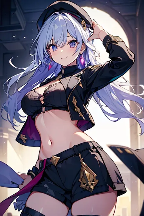 ubel,((ubel of Frieren: Beyond Journeys End )),dark green hair,long hair,side ponytail,hair between eyes,bangs, (miritary beret, black jacket, open clothes, cleavage, midriff, black shorts, black thighhighs, thigh strap, fingerless gloves, single glove:1.2...