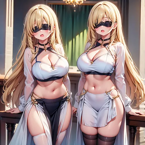 highest quality,wonderful,finely,extremely detailed CG Unity 8K wallpaper, (Stand in line:1.2), (3 girls, blonde, clothed), (huge breasts:1.2), (cleavage cutout:1.4), (crop top navel:1.4), (open mouth:1.1), (long tongue:1.1), (mouth drool:1.1), (black stoc...