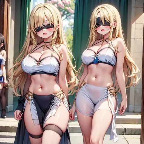 highest quality,wonderful,finely,extremely detailed CG Unity 8K wallpaper, (Stand in line:1.2), (3 girls, blonde, clothed), (huge breasts:1.2), (cleavage cutout:1.4), (crop top navel:1.4), (open mouth:1.1), (long tongue:1.1), (mouth drool:1.1), (black stoc...