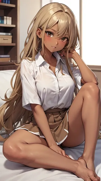 (masterpiece、highest quality、Super detailed)、1 adult lady、blonde long hair、Glowing Skin、((brown skin:1.5))、Mid-chest、((white collared shirt))、((miniskirt))、barefoot、whole body、very thick leg、sit、Knee Up