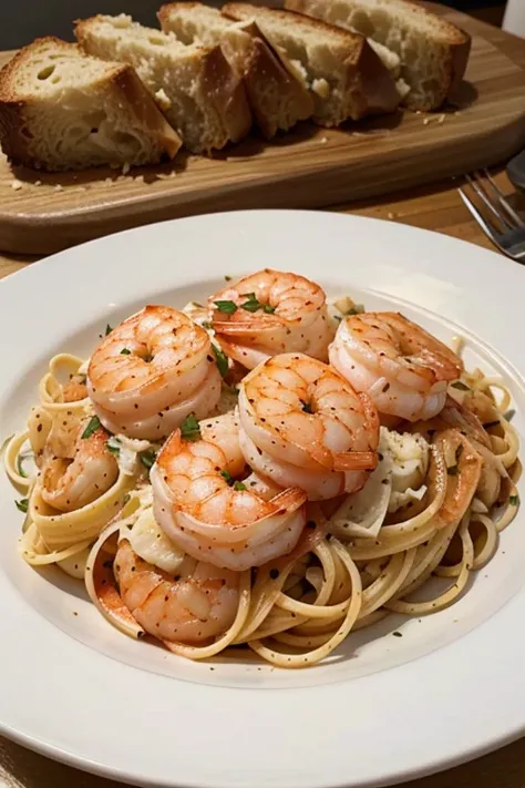 Make me a pasta dish with shrimp accompanied by toasted bread on a separate plate.