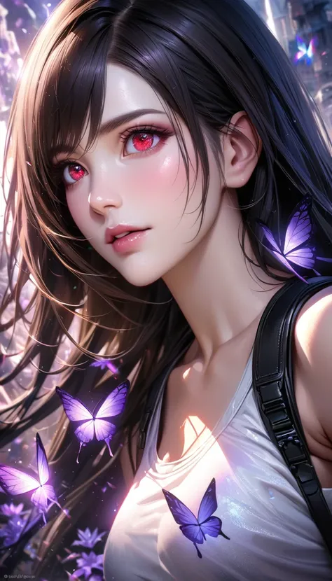 Ultra detailed, Highres, absurdres, HDR, master piece, Tifa Lockhart, black long hair, expressive red eyes, Final Fantasy VII Remake, purple ice flowers, petals, extremely beautiful, woman, solo, extremely detailed eyes and face, purple ice, purple ice gli...