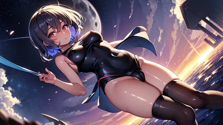 touhou project, full body, Girls Front, Beautiful detailed girl, teenage girl, very short hair, eyes visible through hair, detailed black hair, extremely beautiful detailed anime face and eyes, ^ ^, beautiful detailed eyes, ,p, huge breasts, Bare navel, th...